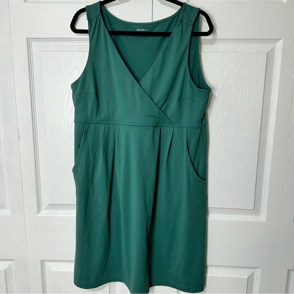 Eddie Bauer Teal Midi Dress XL Stretch Knit Sleeveless Faux Wrap Pockets Casual